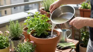 Persona che versa acqua di cottura in un vaso con piante sul balcone, tra erbe aromatiche e fiori