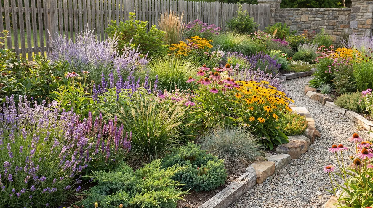 Aiuola fiorita con piante perenni e graminacee lungo un vialetto di ghiaia, vicino a una recinzione in legno