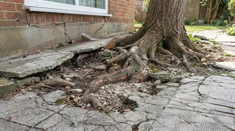 Radici di un albero che sollevano il marciapiede e danneggiano le fondamenta di una casa
