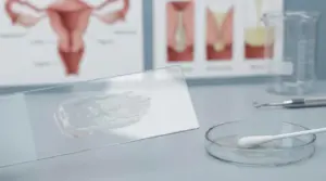 Campione di muco vaginale su vetrino da laboratorio con strumenti medici sullo sfondo