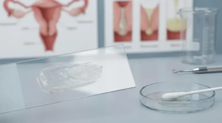 Campione di muco vaginale su vetrino da laboratorio con strumenti medici sullo sfondo