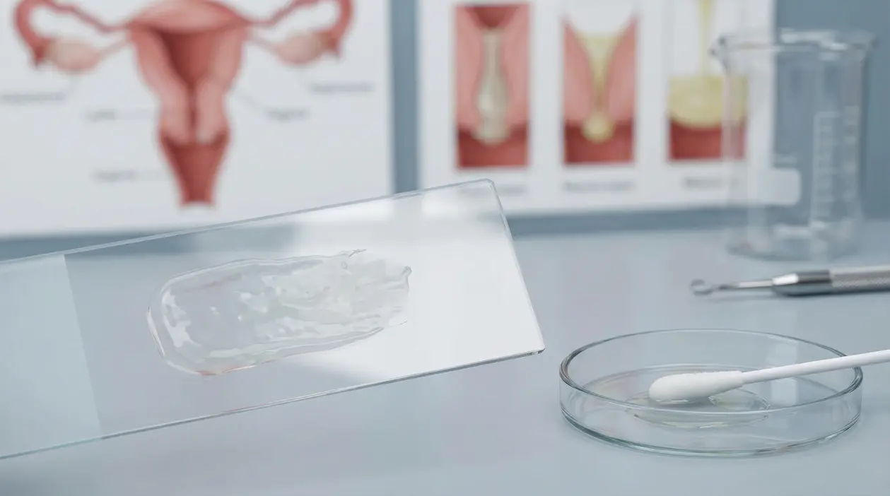 Campione di muco vaginale su vetrino da laboratorio con strumenti medici sullo sfondo