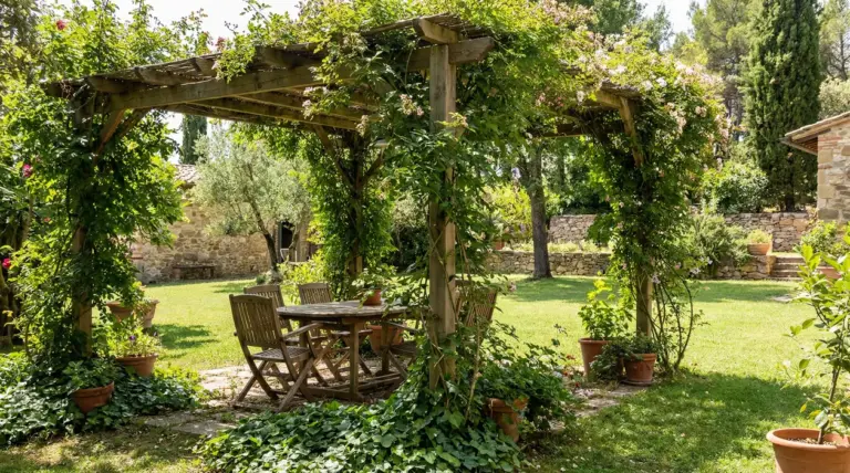 Pergolato in legno con rampicanti fioriti che crea un angolo d’ombra naturale in giardino con tavolo e sedie