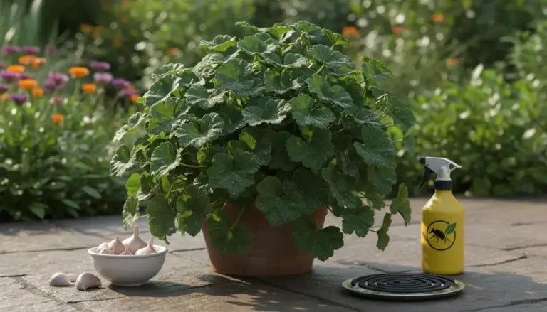 Arbusto in vaso su patio con spicchi d’aglio e flacone spray repellente per insetti in giardino