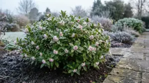 Arbusto sempreverde con piccoli fiori rosa chiaro in un giardino invernale