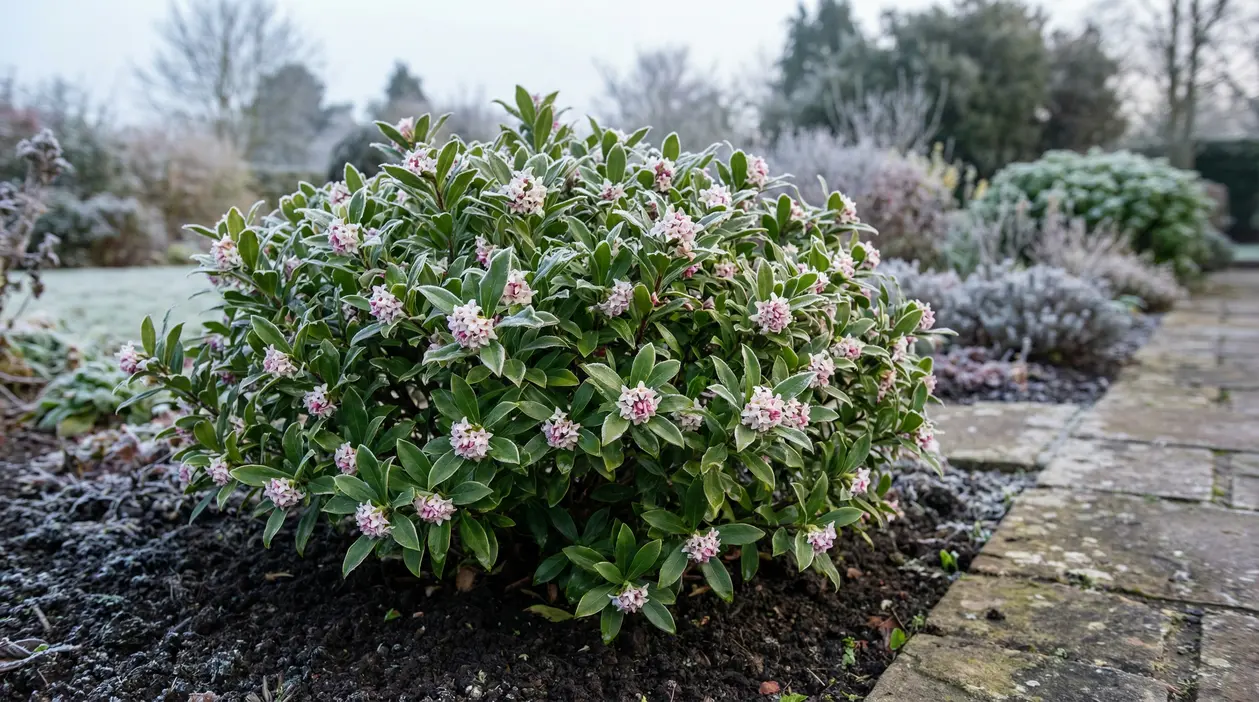 Arbusto sempreverde con piccoli fiori rosa chiaro in un giardino invernale