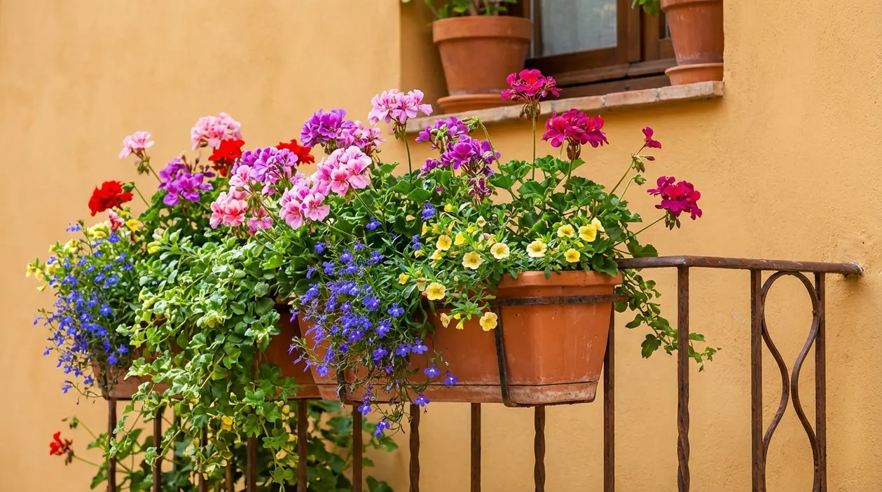 Fioriere sul balcone con gerani rosa e rossi e fiori blu e gialli, in vasi di terracotta su ringhiera