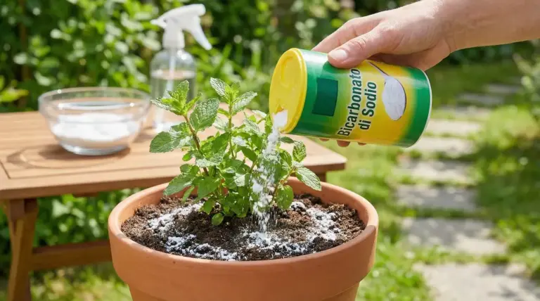Mano che sparge bicarbonato di sodio nel vaso con una pianta verde in giardino