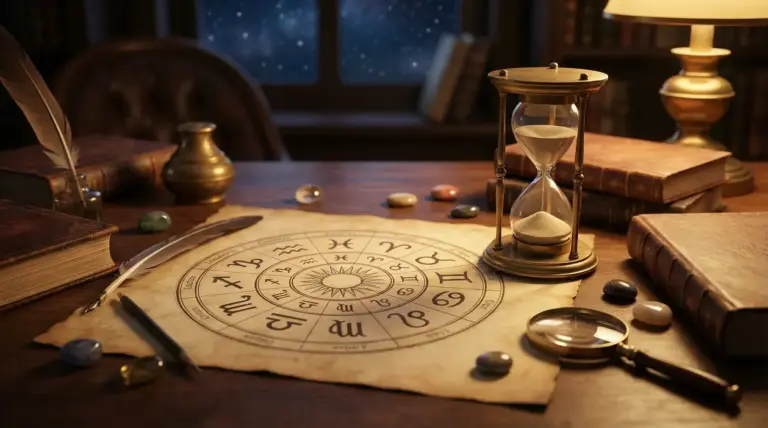 Tavolo antico con mappa zodiacale, clessidra e oggetti astrologici