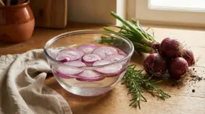 Fette di cipolla rossa immerse in una ciotola d’acqua su un tavolo, con cipolle intere e rosmarino accanto