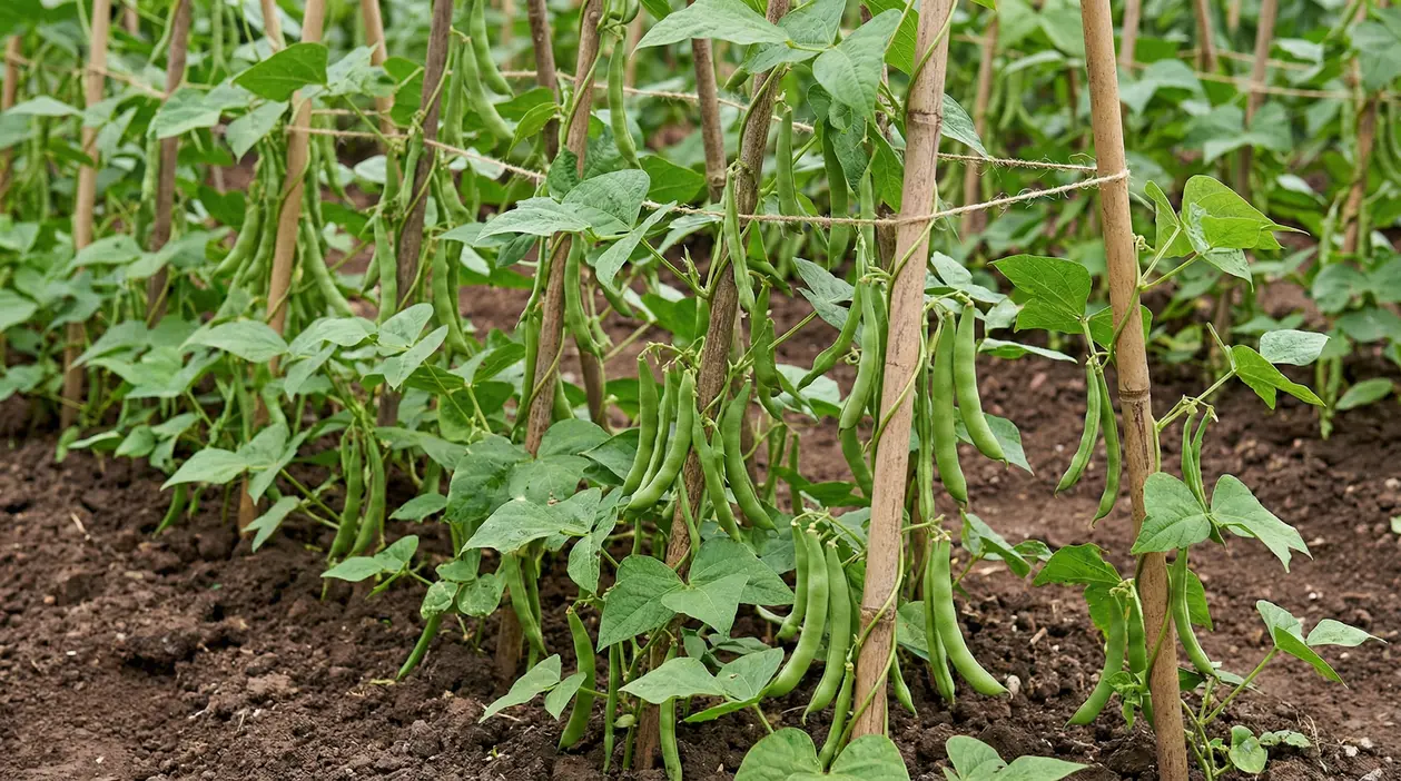 Piante di fagiolini rampicanti su canne tutor, con baccelli verdi maturi in orto