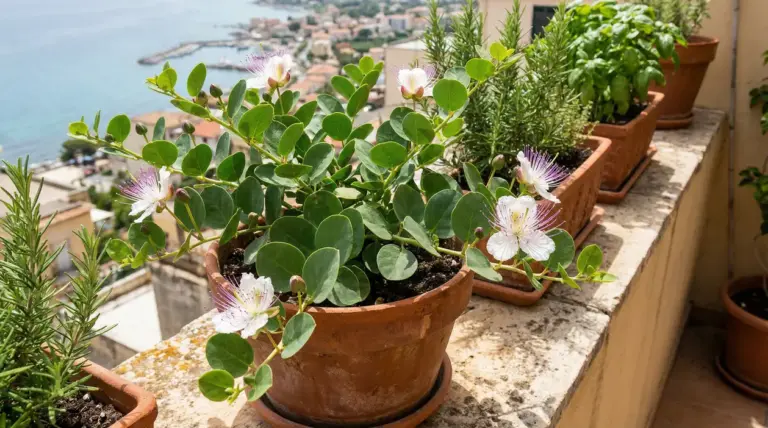 Pianta di cappero in fiore coltivata in vaso su un balcone vista mare