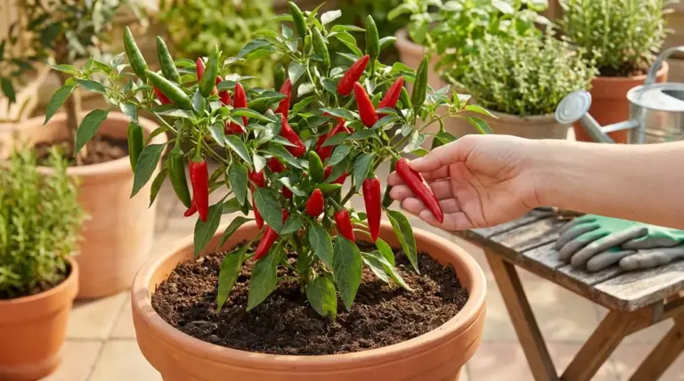 Pianta di peperoncino in vaso con frutti rossi e verdi, una mano raccoglie un peperoncino maturo