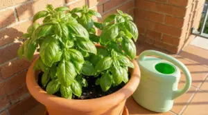Pianta di basilico rigogliosa in vaso di terracotta sul balcone, con annaffiatoio accanto