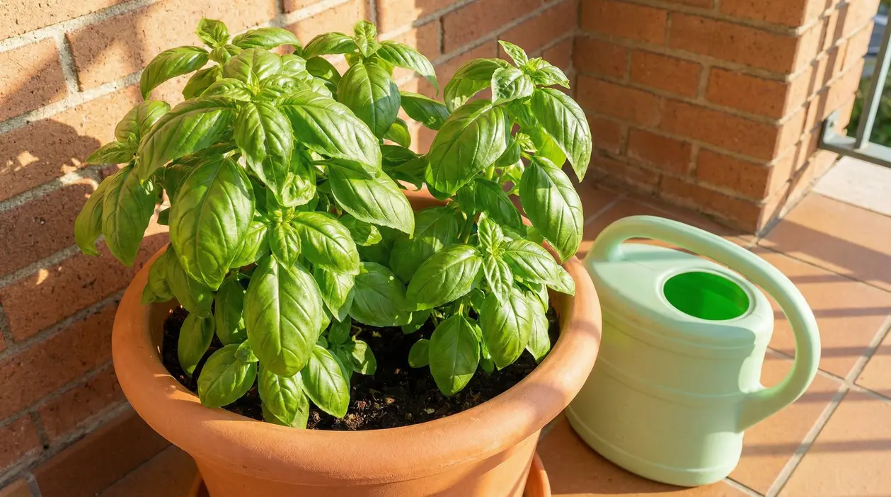 Pianta di basilico rigogliosa in vaso di terracotta sul balcone, con annaffiatoio accanto