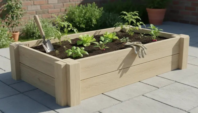 Orto rialzato in legno con piantine di verdure, paletta e guanti da giardinaggio su una terrazza