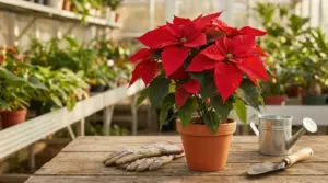 Stella di Natale in vaso su tavolo di legno in una serra con attrezzi da giardinaggio