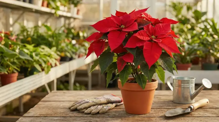 Stella di Natale in vaso su tavolo di legno in una serra con attrezzi da giardinaggio