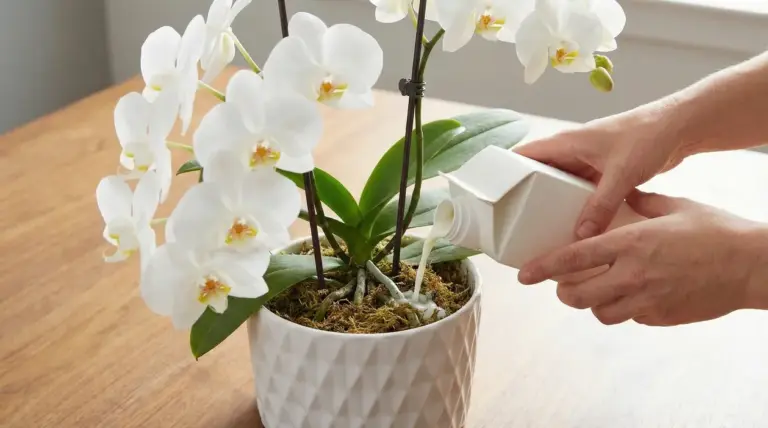 Mani che versano un liquido bianco alla base di un'orchidea in fiore in un vaso bianco