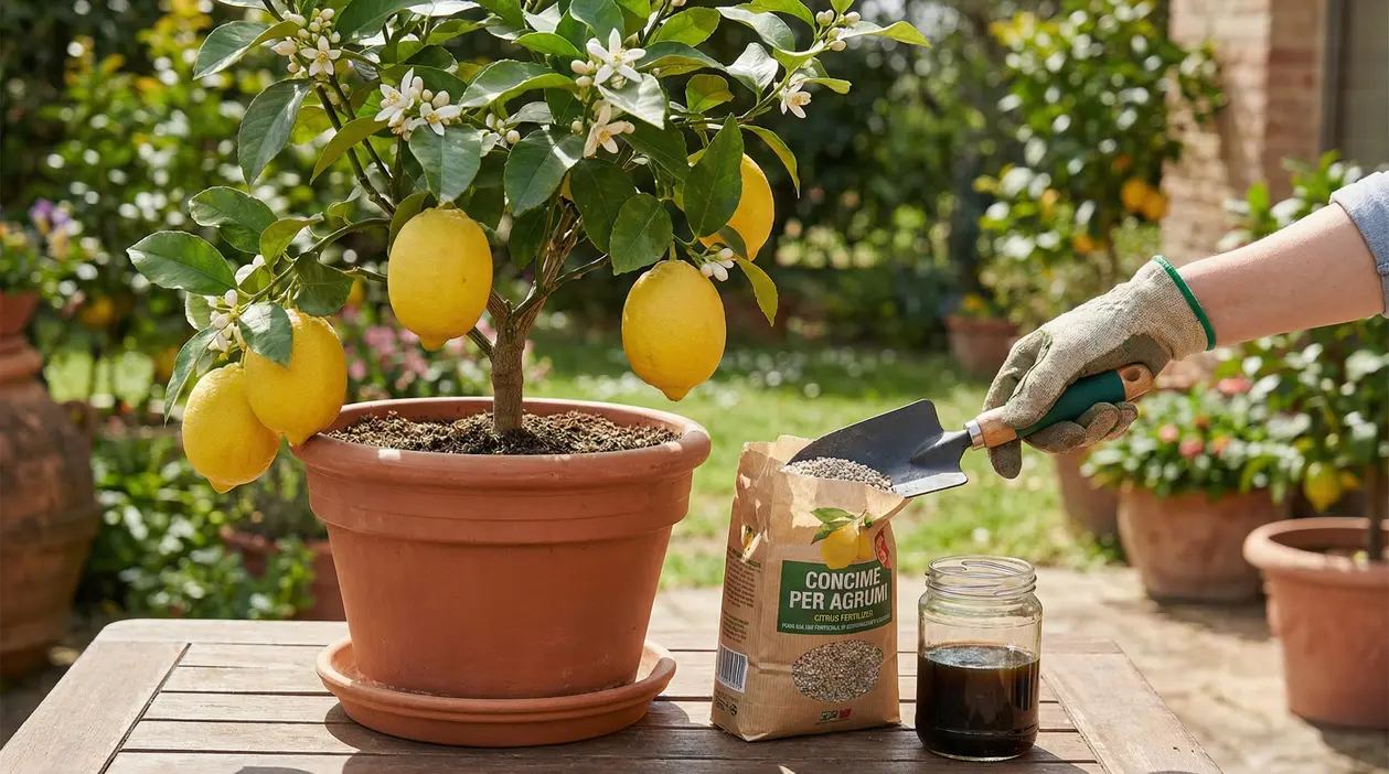 Pianta di limone in vaso con frutti maturi e concime per agrumi su un tavolo in giardino