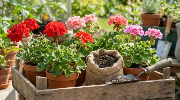 Gerani rossi e rosa in vasi di terracotta con sacco di concime naturale e paletta da giardinaggio