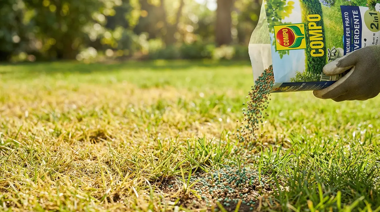 Mano con guanto sparge concime granulare su un prato ingiallito per rinvigorire l’erba e renderla più verde