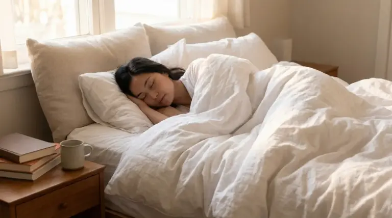 Persona che dorme serenamente in un letto con lenzuola bianche