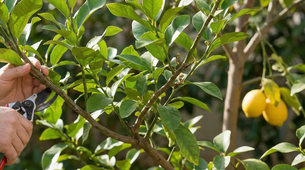 Potatura di un albero di limone con foglie verdi e pochi frutti maturi