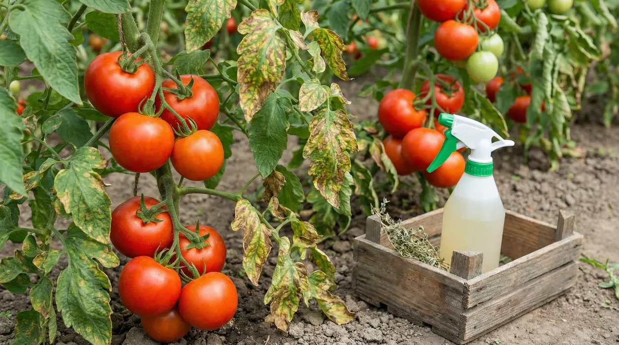 Piante di pomodoro con foglie ingiallite e pomodori maturi, accanto a uno spruzzino per trattamento naturale