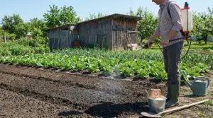 Persona in un orto disinfetta il terreno con uno spruzzatore a spalla vicino a ortaggi e attrezzi da giardinaggio
