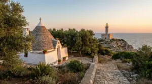 Un trullo tra gli ulivi e un faro su una scogliera vista mare al tramonto