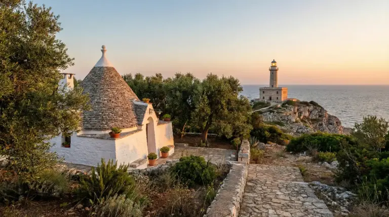 Un trullo tra gli ulivi e un faro su una scogliera vista mare al tramonto
