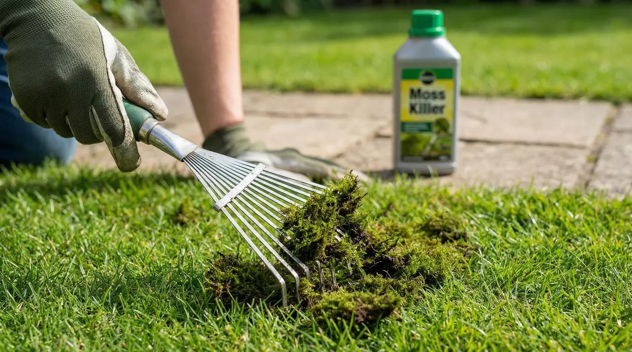Persona con guanto rastrella il muschio dal prato vicino a un prodotto specifico per eliminarlo