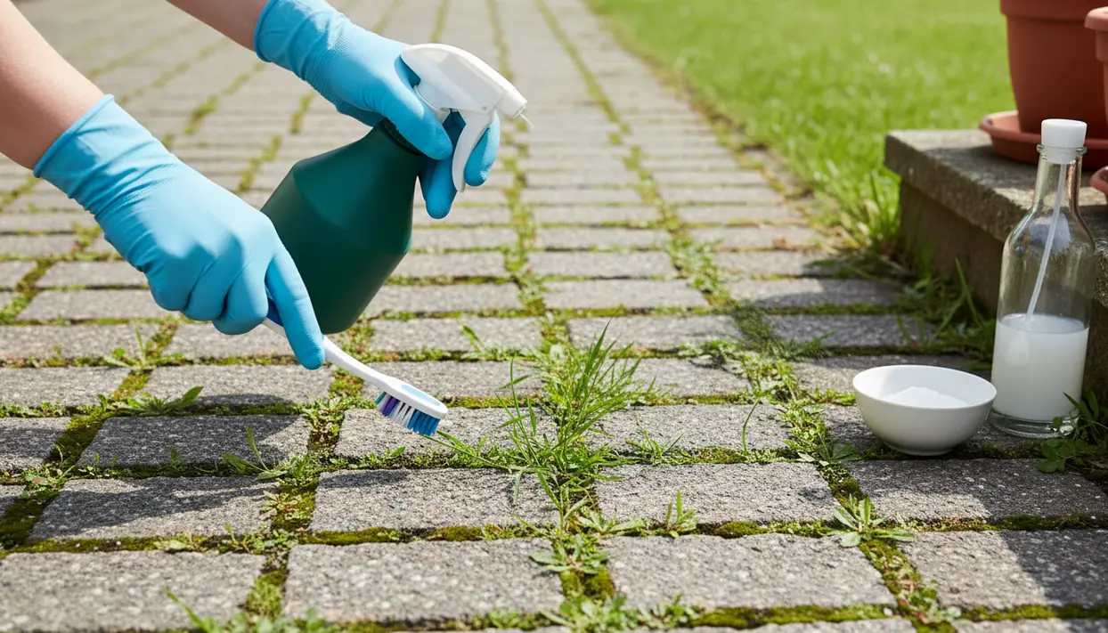 Mani con guanti puliscono le erbacce tra le fughe del vialetto in pietra con spray e spazzolino