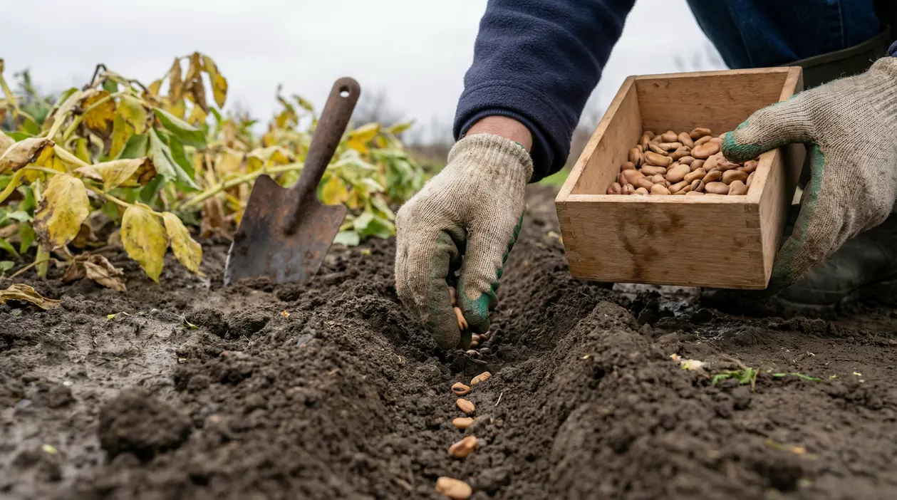 Mani con guanti che piantano semi di fave in un solco di terra