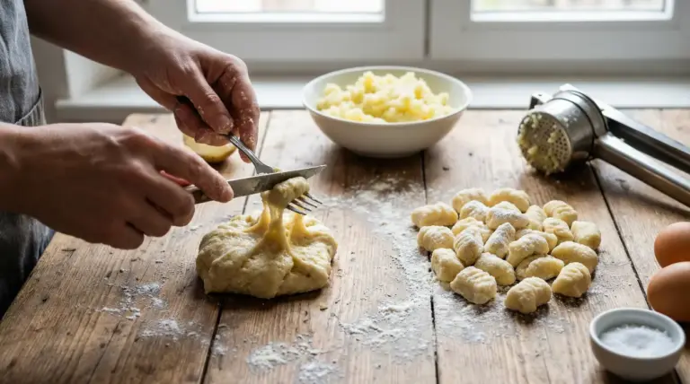 Persona che lavora un impasto di gnocchi su un piano di legno infarinato