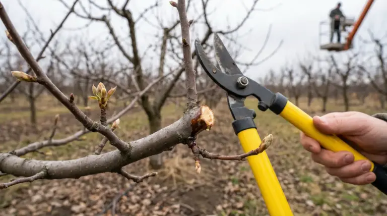 Mani che potano un ramo con gemme in un frutteto durante la stagione fredda