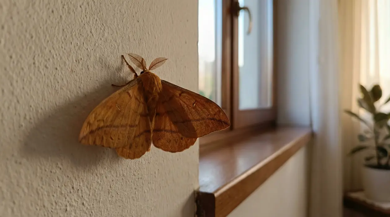 Falena marrone posata su una parete interna vicino a una finestra di casa