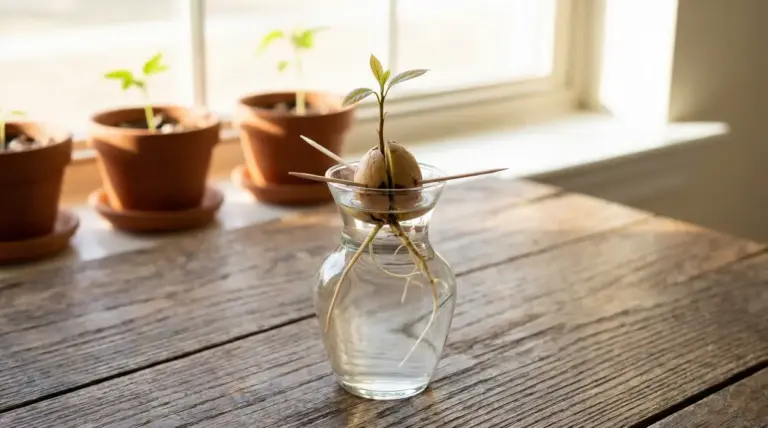 Seme di avocado con germoglio immerso in acqua in un contenitore di vetro su un tavolo di legno