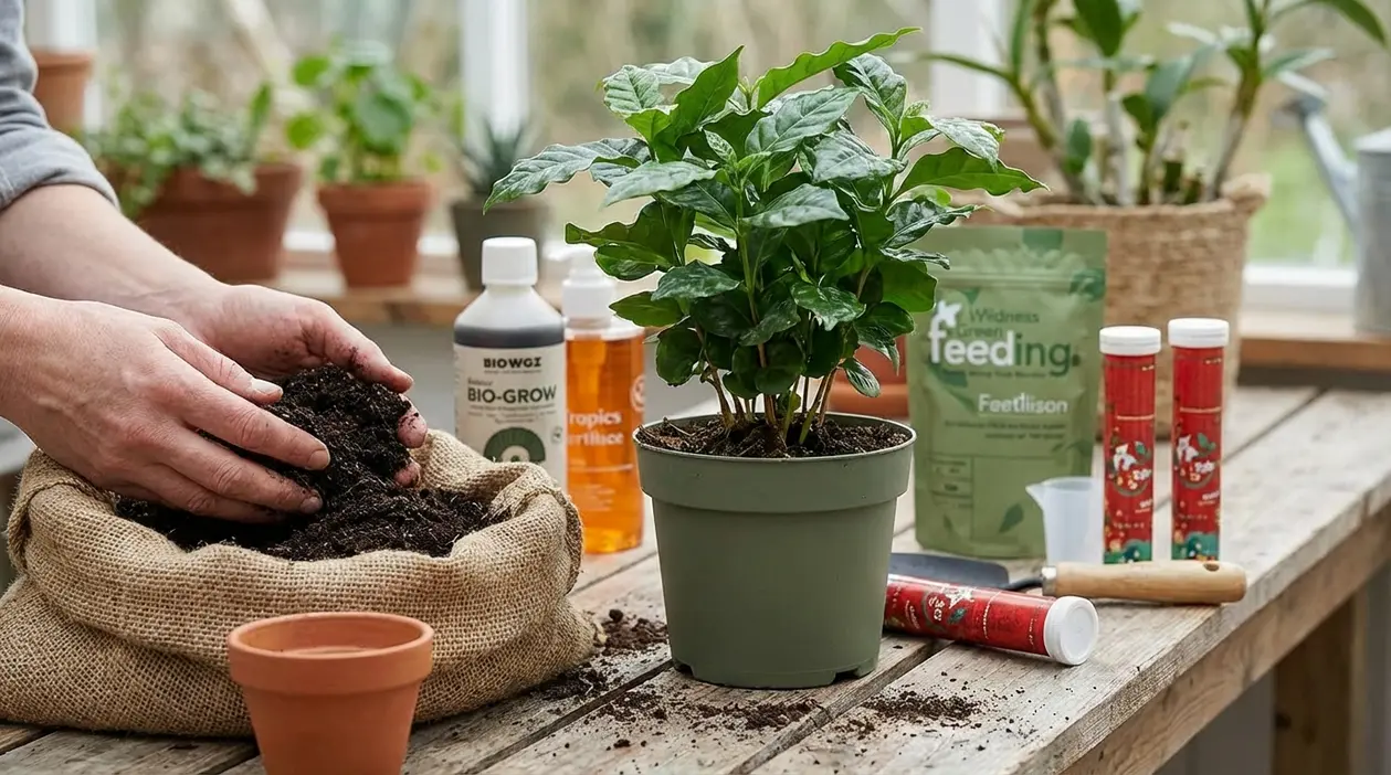 Mani che preparano terriccio accanto a una pianta in vaso e prodotti per fertilizzare su un tavolo da giardinaggio