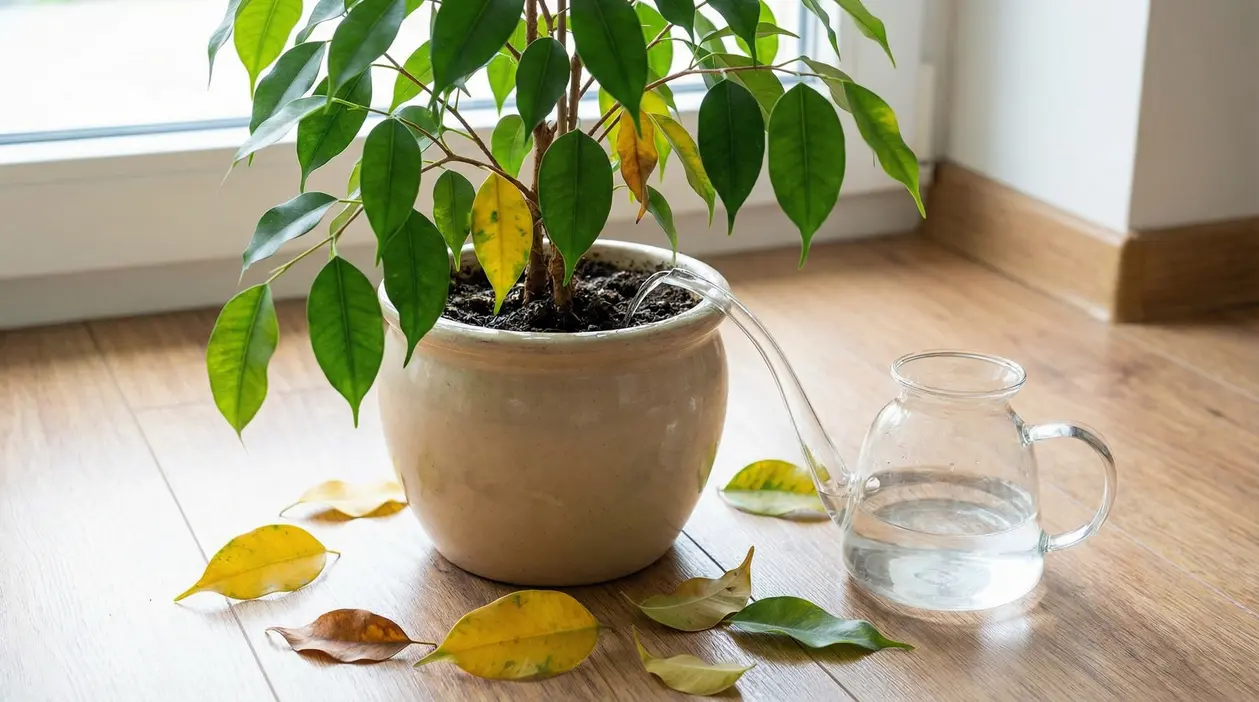 Ficus in vaso con foglie ingiallite sul pavimento e un annaffiatoio accanto