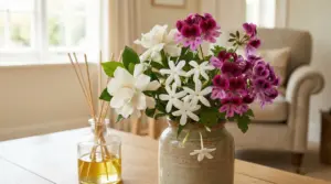 Vaso con fiori profumati bianchi e viola su un tavolo in salotto illuminato dalla luce naturale