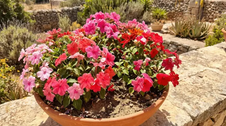 Vaso di fiori colorati che resistono al sole in un giardino mediterraneo