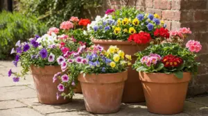 Grandi vasi in terracotta con fiori colorati da esterno su patio, ideali per balconi e giardini tutto l’anno