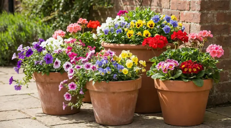 Grandi vasi in terracotta con fiori colorati da esterno su patio, ideali per balconi e giardini tutto l’anno