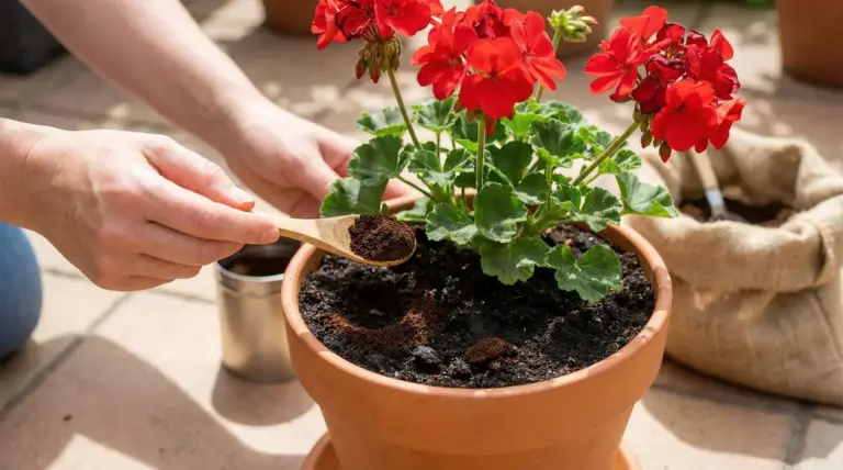 Mani che spargono fondi di caffè nel terriccio di un geranio rosso in vaso di terracotta