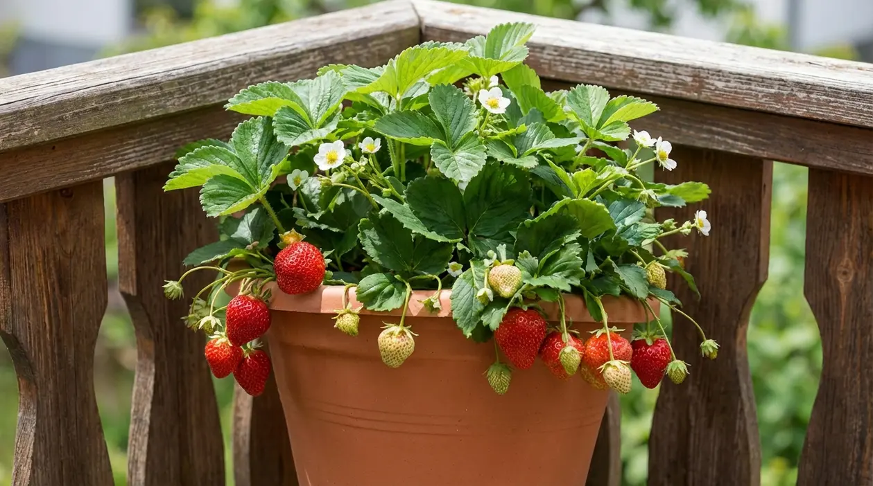 Pianta di fragole in vaso di terracotta sul balcone, con frutti rossi maturi e fiori bianchi