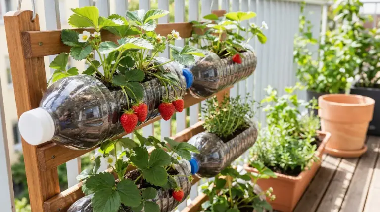 Fragole coltivate in bottiglie di plastica appese verticalmente su un balcone