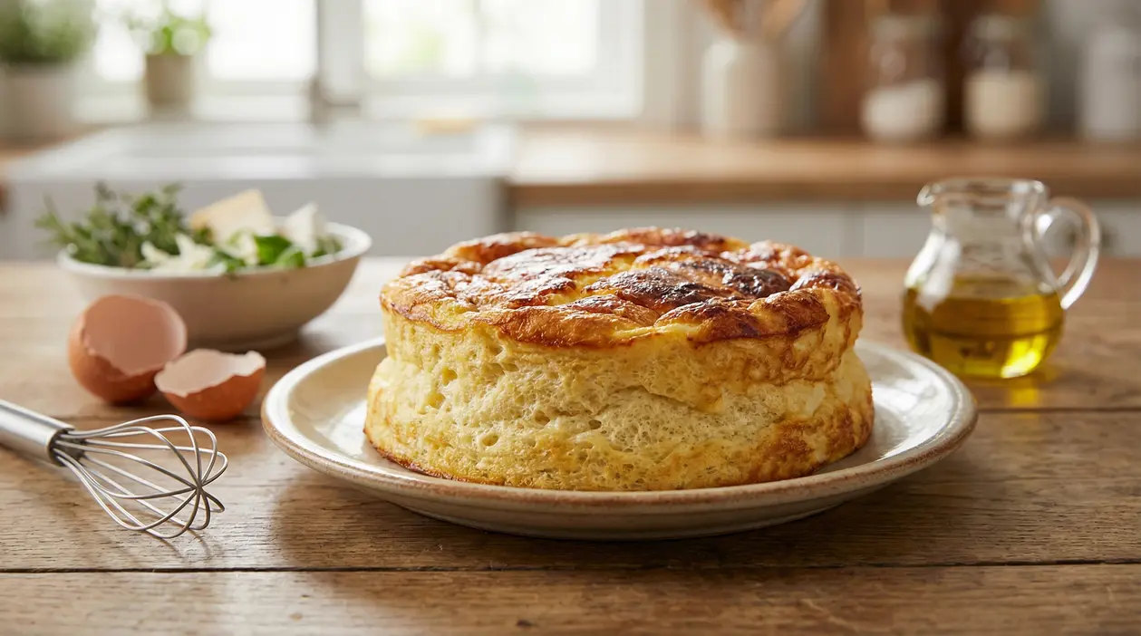 Frittata alta e soffice su un piatto, con ingredienti freschi sullo sfondo