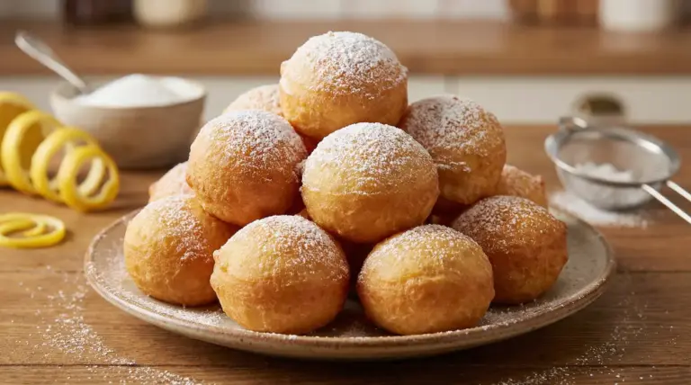 Piatto di frittelle di Carnevale dorate e soffici con zucchero a velo